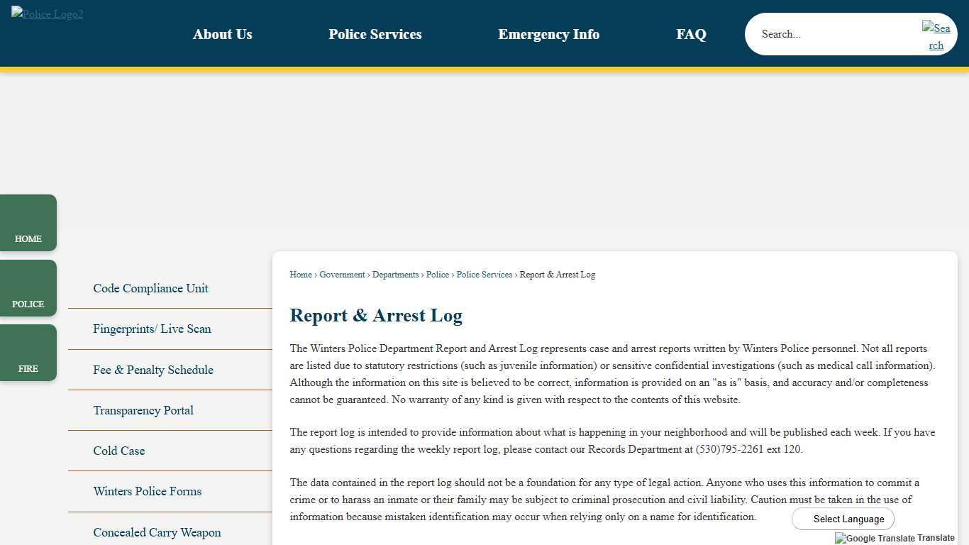 Report & Arrest Log | Winters, CA