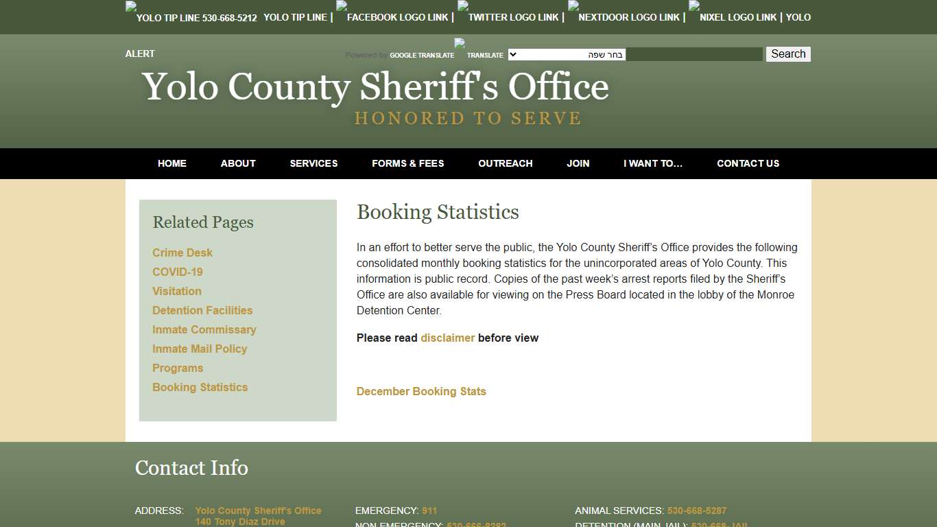 Booking Statistics - Yolo County Sheriff's Office | Woodland, CA
